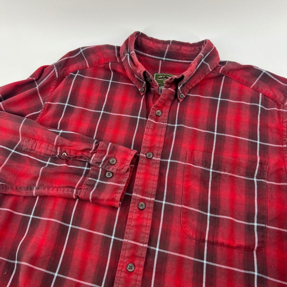 Eddie Bauer Mens Red Black Plaid Flannel Button Down Shirt Large Long Sleeve